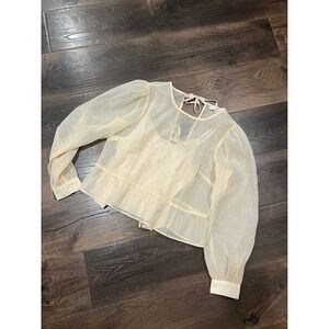 LOFT Sheer Floral Print Puff Sleeve Peplum Blouse Top Cream‎ Size S